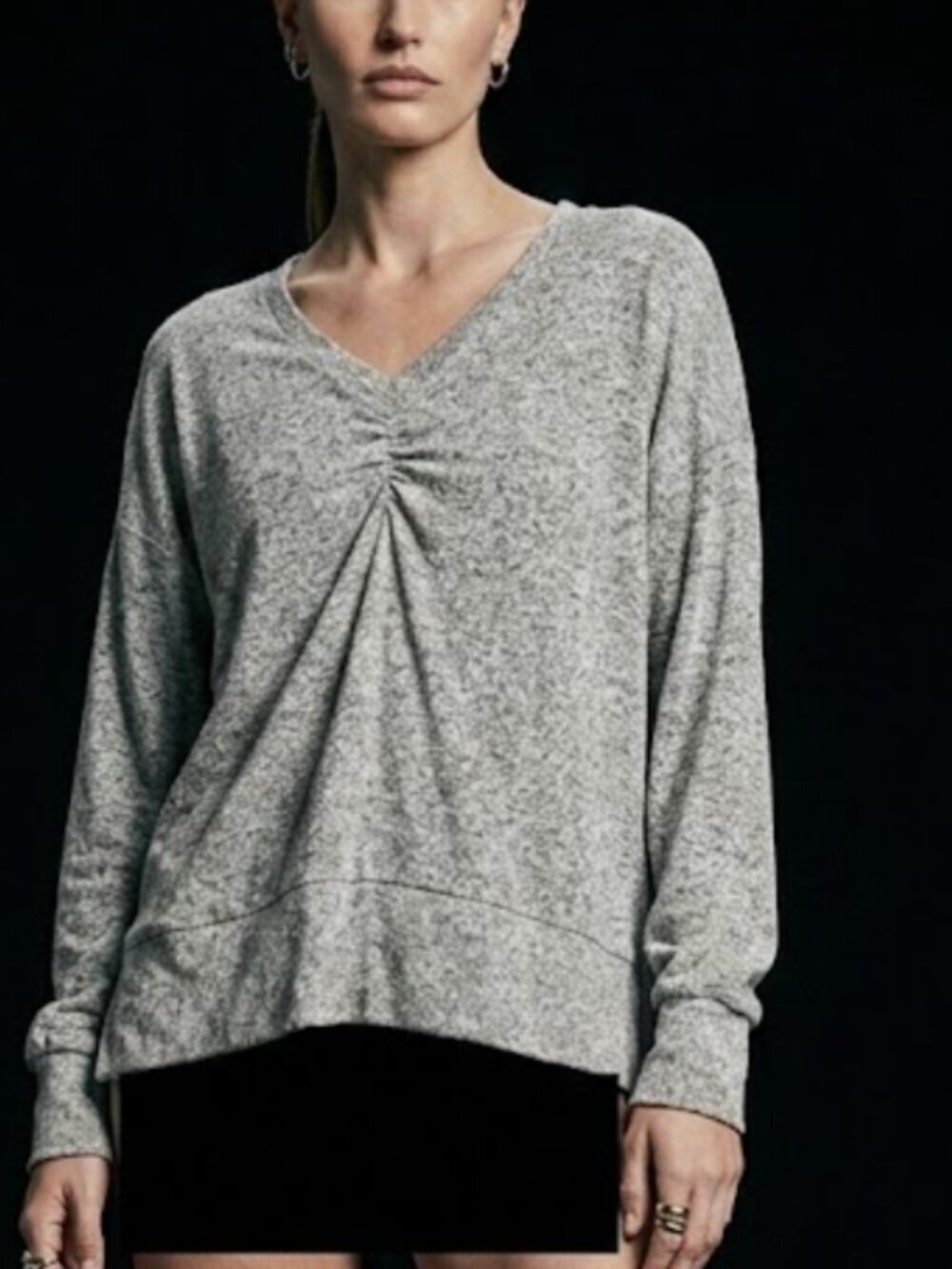 Soft Surroundings Size Small Gray Top Blouse Long Sleeve Ruched V Neck Sweater